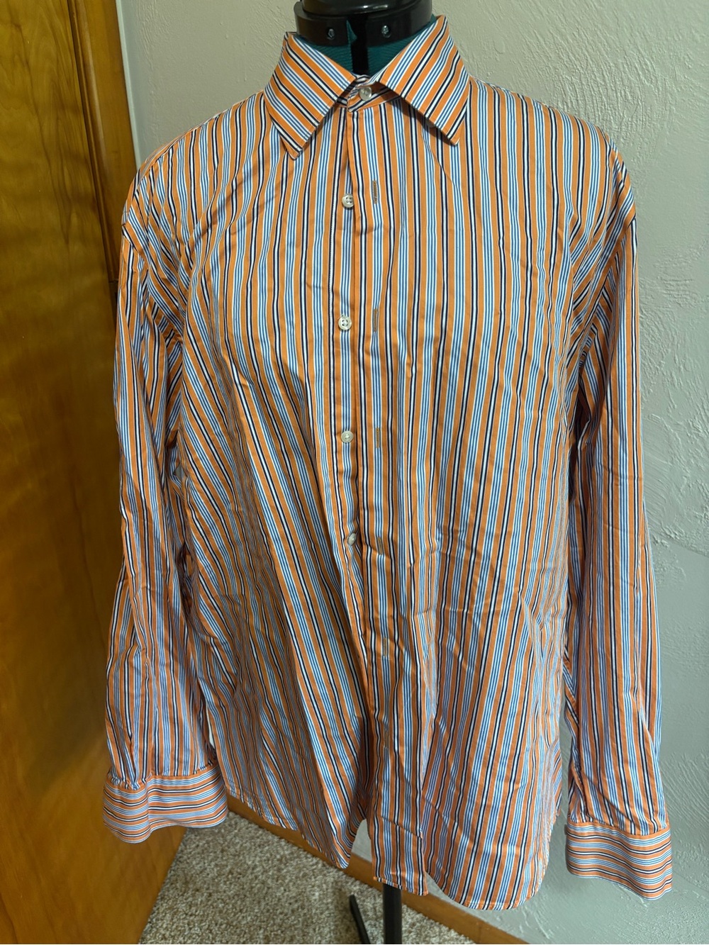 Saks Fifth Avenue Orange, White & Blue Striped Dress Shirt